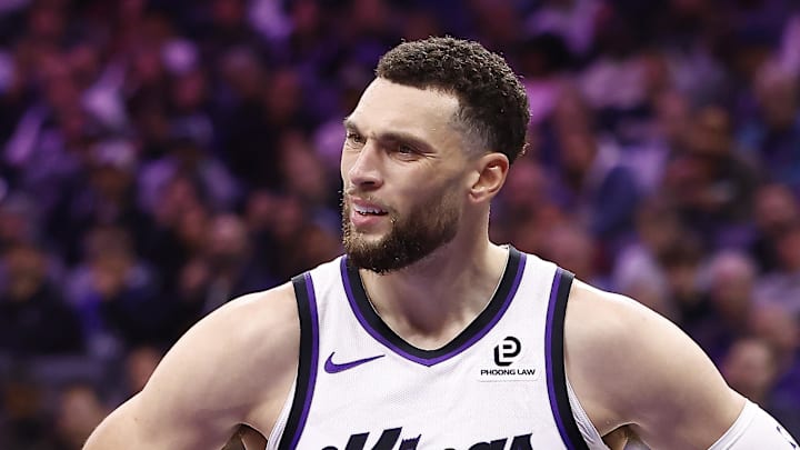 Nov 30, 2025; Sacramento, California, USA; Sacramento Kings guard Zach LaVine (8) reacts after a play against the Memphis Grizzlies during the second quarter at Golden 1 Center. Mandatory Credit: Kelley L Cox-Imagn Images
