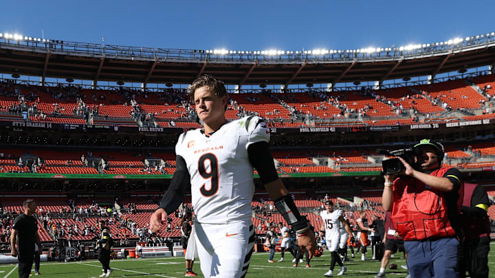 Sep 7, 2025; Cleveland, Ohio, USA; Cincinnati Bengals quarterback Joe Burrow (9) walks off the field after a game against the Cleveland Browns at Huntington Bank Field. Mandatory Credit: Scott Galvin-Imagn Images Sep 7, 2025; Cleveland, Ohio, USA; Cincinnati Bengals quarterback Joe Burrow (9) walks off the field after a game against the Cleveland Browns at Huntington Bank Field. Mandatory Credit: Scott Galvin-Imagn Images