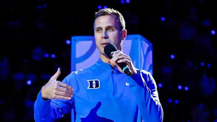 Oct 3, 2025; Durham, NC, USA; Duke Blue Devils head coach Jon Scheyer addresses the crowd at the Countdown to Craziness at the Cameron Indoor Stadium. Mandatory Credit: Jaylynn Nash-Imagn Images