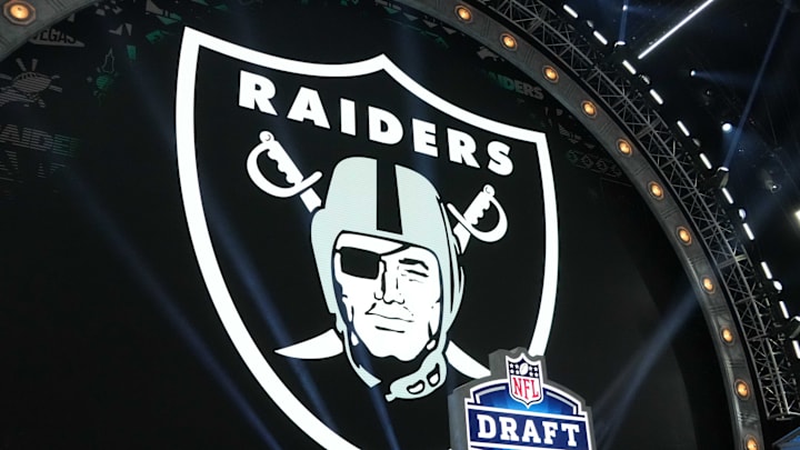 Apr 25, 2024; Detroit, MI, USA; A Las Vegas Raiders logo at the 2024 NFL Draft at Campus Martius Park and Hart Plaza. Mandatory Credit: Kirby Lee-Imagn Images