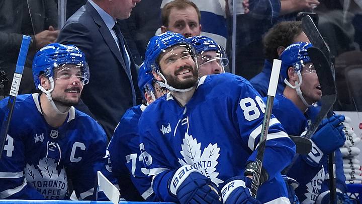 Oct 15, 2026; Toronto, Ontario, CAN;  Toronto Maple Leafs right wing Kirill Marchenko (86) looks up at the video board after scoring his third goal against the Buffalo Sabres during the second period at Scotiabank Arena.  Mandatory Credit: Nick Turchiaro-Imagn Images
