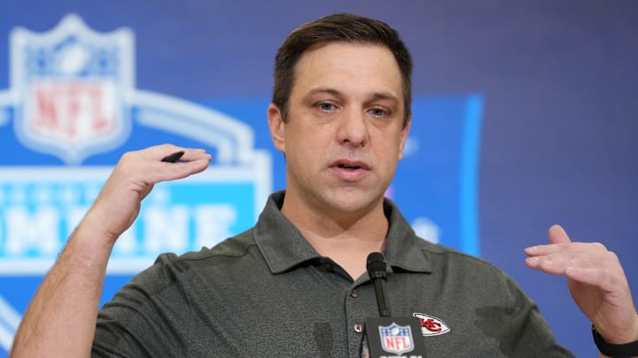 Feb 24, 2026; Indianapolis, IN, USA; Kansas City Chiefs general manager Brett Veach speaks at the NFL Scouting Combine at the Indiana Convention Center. Mandatory Credit: Kirby Lee-Imagn Images