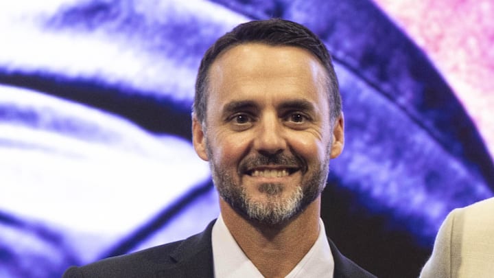 Jan 29, 2026; Owings Mills, MD, USA; Eric DeCosta, Jesse Minter, Steve Bisciotti, Sashi Brown photo prior to press conference at Under Armour Performance Center. Mandatory Credit: Lexi Thompson-Imagn Images