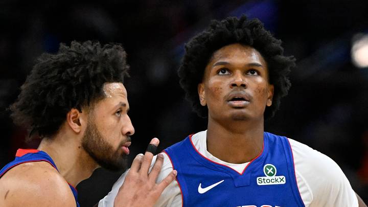 Feb 12, 2025; Chicago, Illinois, USA; Detroit Pistons guard Cade Cunningham (2) and forward Ausar Thompson (9) chat against the Chicago Bulls during the second half at the United Center. Mandatory Credit: Matt Marton-Imagn Images Feb 12, 2025; Chicago, Illinois, USA; Detroit Pistons guard Cade Cunningham (2) and forward Ausar Thompson (9) chat against the Chicago Bulls during the second half at the United Center. Mandatory Credit: Matt Marton-Imagn Images