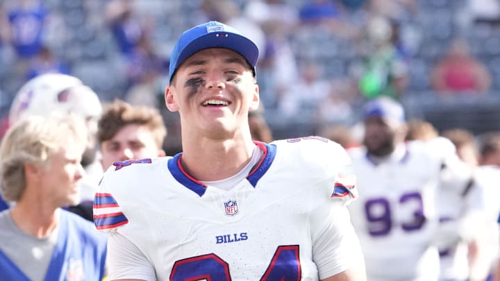 Sep 14, 2025; East Rutherford, New Jersey, USA; Buffalo Bills safety Cole Bishop (24) after the game against the New York Jets at MetLife Stadium. Mandatory Credit: Robert Deutsch-Imagn Images