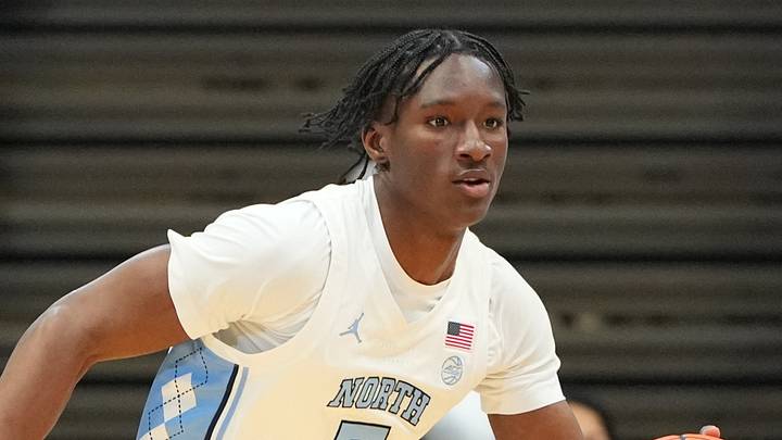 Jan 21, 2026; Chapel Hill, North Carolina, USA;  North Carolina Tar Heels guard Isaiah Denis (5) with the ball in the second half at Dean E. Smith Center. Mandatory Credit: Bob Donnan-Imagn Images