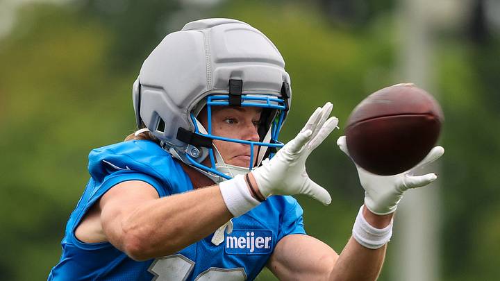Aug 2, 2026; Allen Park, MI, USA; Detroit Lions wide receiver Isaac TeSlaa (18) catches a pass during Detroit Lions training camp at Meijer Performance Center. Mandatory Credit: Paul Barnick-Imagn Images Aug 2, 2026; Allen Park, MI, USA; Detroit Lions wide receiver Isaac TeSlaa (18) catches a pass during Detroit Lions training camp at Meijer Performance Center. Mandatory Credit: Paul Barnick-Imagn Images