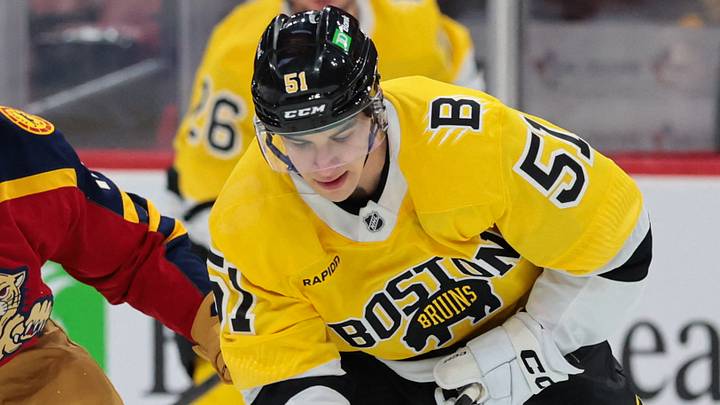 Feb 4, 2026; Sunrise, Florida, USA; ]Boston Bruins center Matthew Poitras (51) moves the puck against Florida Panthers center Anton Lundell (15) during the first period at Amerant Bank Arena. Mandatory Credit: Sam Navarro-Imagn Images