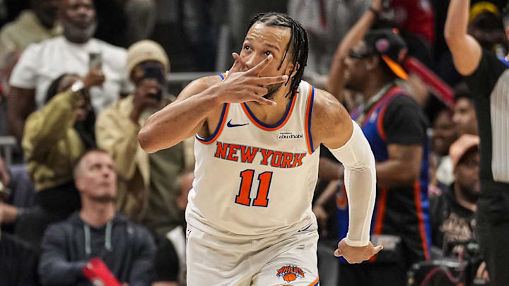 Apr 6, 2026; Atlanta, Georgia, USA; New York Knicks guard Jalen Brunson (11) reacts after making a three point shot against the Atlanta Hawks during the second half at State Farm Arena. Mandatory Credit: Dale Zanine-Imagn Images