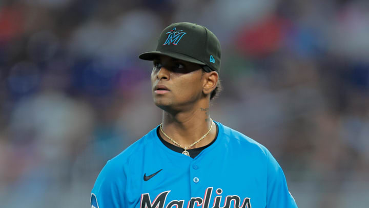 Aug 3, 2025; Miami, Florida, USA; Miami Marlins starting pitcher Edward Cabrera (27) looks on against the New York Yankees during the first inning at loanDepot Park. Mandatory Credit: Sam Navarro-Imagn Images