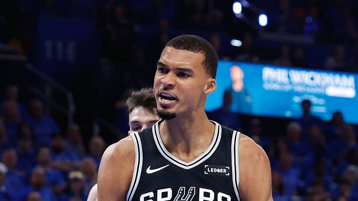 May 18, 2026; Oklahoma City, Oklahoma, USA; San Antonio Spurs center Victor Wembanyama (1) reacts after a dunk in the second quarter against the Oklahoma City Thunder during game one of the western conference finals for the 2026 NBA playoffs at Paycom Center. Mandatory Credit: Alonzo Adams-Imagn Images