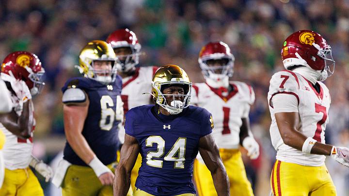 Notre Dame running back Jadarian Price (24) celebrates getting a first down in the first half of a NCAA football game against Southern California at Notre Dame Stadium on Saturday, Oct. 18, 2025, in South Bend. Notre Dame running back Jadarian Price (24) celebrates getting a first down in the first half of a NCAA football game against Southern California at Notre Dame Stadium on Saturday, Oct. 18, 2025, in South Bend.