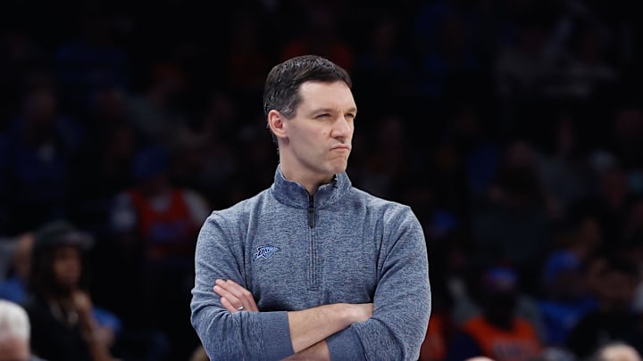 Feb 5, 2025; Oklahoma City, Oklahoma, USA; Oklahoma City Thunder head coach Mark Daigneault watches his team play against the Phoenix Suns during the second half of a game at Paycom Center. Mandatory Credit: Alonzo Adams-Imagn Images
