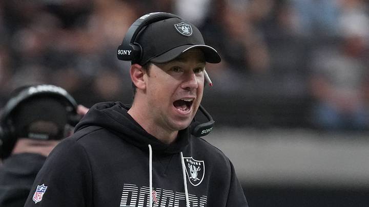 Sep 13, 2026; Paradise, Nevada, USA;  Las Vegas Raiders head coach Klint Kubiak reacts to a touchdown in the second quarter against the Miami Dolphins at Allegiant Stadium.  Mandatory Credit: Kirby Lee-Imagn Images