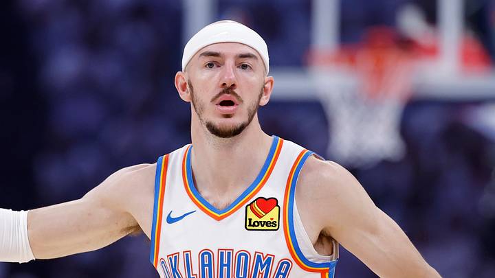 May 26, 2026; Oklahoma City, Oklahoma, USA; Oklahoma City Thunder guard Alex Caruso (9) reacts after a basket during the first quarter against the San Antonio Spurs in game five of the western conference finals for the 2026 NBA playoffs at Paycom Center. Mandatory Credit: Alonzo Adams-Imagn Images May 26, 2026; Oklahoma City, Oklahoma, USA; Oklahoma City Thunder guard Alex Caruso (9) reacts after a basket during the first quarter against the San Antonio Spurs in game five of the western conference finals for the 2026 NBA playoffs at Paycom Center. Mandatory Credit: Alonzo Adams-Imagn Images