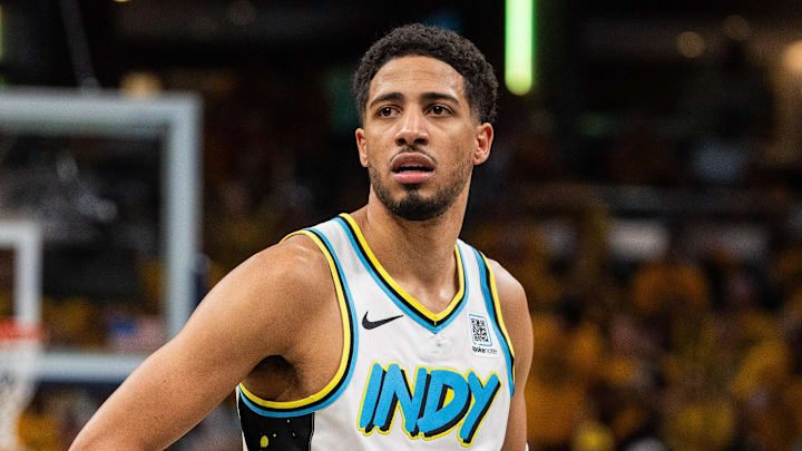Apr 29, 2025; Indianapolis, Indiana, USA; Indiana Pacers guard Tyrese Haliburton (0)  during game five of the first round for the 2024 NBA Playoffs against the Milwaukee Bucks at Gainbridge Fieldhouse.