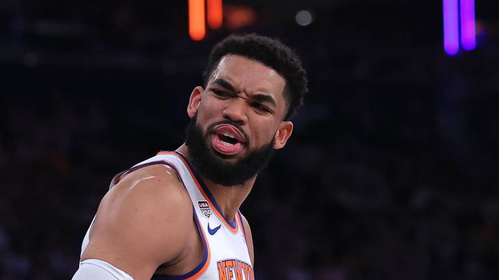 Jun 10, 2026; New York, New York, USA; New York Knicks center Karl-Anthony Towns (32) reacts in the second quarter against the San Antonio Spurs during game four of the 2026 NBA Finals at Madison Square Garden. Mandatory Credit: Brad Penner-Imagn Images