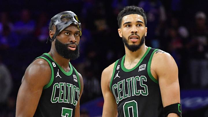 Boston Celtics guard Jaylen Brown (7) and forward Jayson Tatum (0) celebrate during final minute of win against the Philadelphia 76ers during the fourth quarter of game three of the 2023 NBA playoff at Wells Fargo Center. Mandatory Credit: Eric Hartline-USA TODAY Sports Boston Celtics guard Jaylen Brown (7) and forward Jayson Tatum (0) celebrate during final minute of win against the Philadelphia 76ers during the fourth quarter of game three of the 2023 NBA playoff at Wells Fargo Center. Mandatory Credit: Eric Hartline-USA TODAY Sports