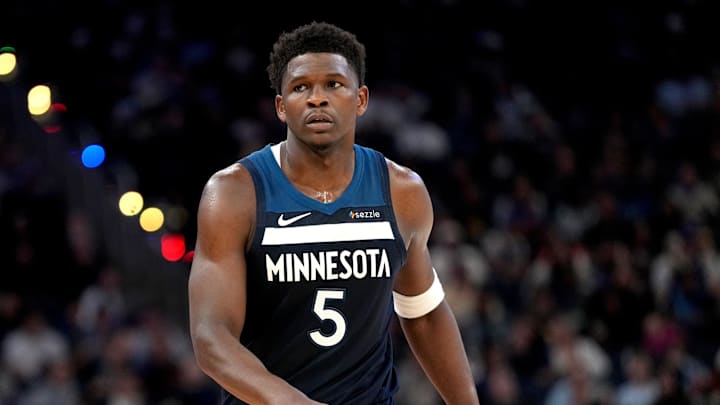 Mar 13, 2026; San Francisco, California, USA; Minnesota Timberwolves guard Anthony Edwards (5) walks on the court during a break in the action against the Golden State Warriors in the third quarter at the Chase Center. Mandatory Credit: Cary Edmondson-Imagn Images