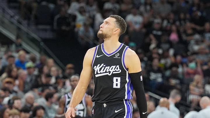 Nov 16, 2025; San Antonio, Texas, USA; Sacramento Kings guard Zach LaVine (8) walks up the court in the first half against the San Antonio Spurs at Frost Bank Center. Mandatory Credit: Daniel Dunn-Imagn Images