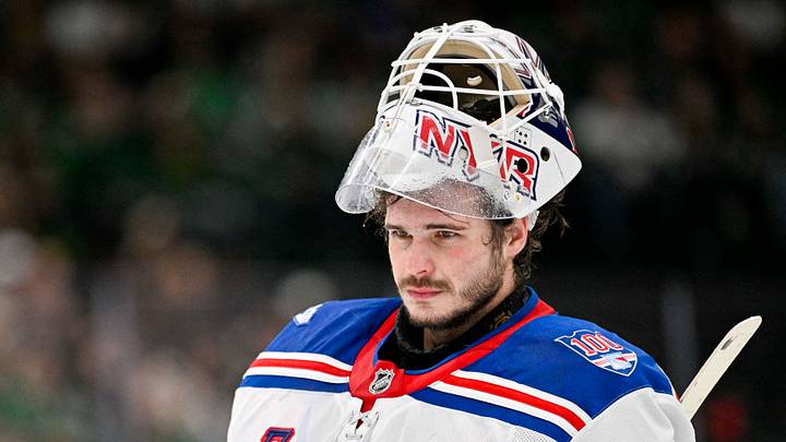 Apr 11, 2026; Dallas, Texas, USA; New York Rangers goaltender Igor Shesterkin (31) skates back on the ice during the second period against the Dallas Stars at the American Airlines Center. Mandatory Credit: Jerome Miron-Imagn Images