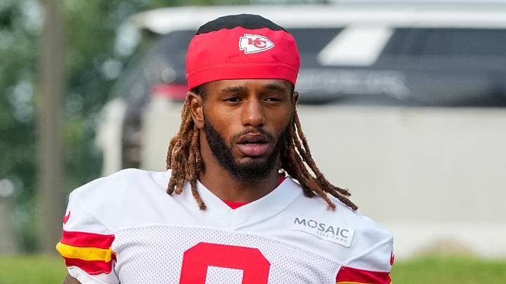 Jul 29, 2026; St. Joseph, MO, USA; Kansas City Chiefs   cornerback Kristian Fulton (8) walks down the hill to the practice fields during training camp at Missouri Western State University. Mandatory Credit: Denny Medley-Imagn Images
