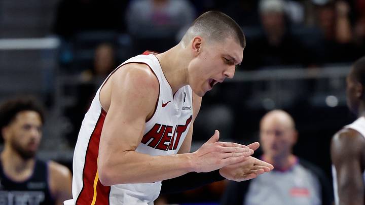 Miami Heat guard Tyler Herro (14) celebrates in overtime against the Detroit Pistons at Little Caesars Arena on November 12, 2024. Miami Heat guard Tyler Herro (14) celebrates in overtime against the Detroit Pistons at Little Caesars Arena on November 12, 2024.