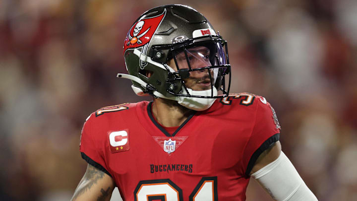 Jan 12, 2025; Tampa, Florida, USA; Tampa Bay Buccaneers safety Antoine Winfield Jr. (31) warms up before a NFC wild card playoff against the Washington Commanders at Raymond James Stadium. Mandatory Credit: Nathan Ray Seebeck-Imagn Images
