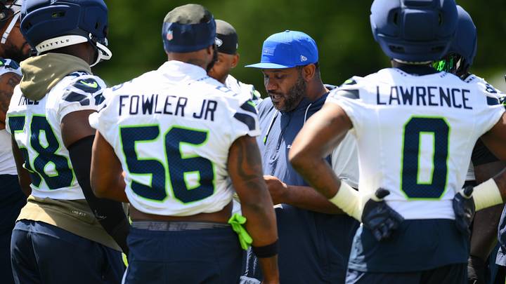 Seattle Seahawks defensive line coach Justin Hinds during minicamp at Virginia Mason Athletic Center. Seattle Seahawks defensive line coach Justin Hinds during minicamp at Virginia Mason Athletic Center.