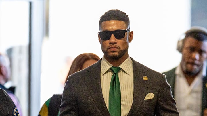 Jan 2, 2025; New Orleans, LA, USA; Notre Dame Fighting Irish head coach Marcus Freeman arrives at the Superdome before the game against the Georgia Bulldogs at Caesars Superdome. Jan 2, 2025; New Orleans, LA, USA; Notre Dame Fighting Irish head coach Marcus Freeman arrives at the Superdome before the game against the Georgia Bulldogs at Caesars Superdome.