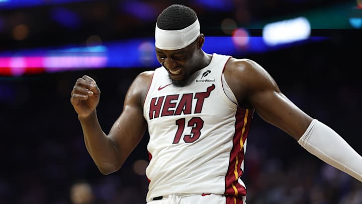 Miami Heat center Bam Adebayo (13) reacts  (Mandatory Credit: Bill Streicher-Imagn Images)