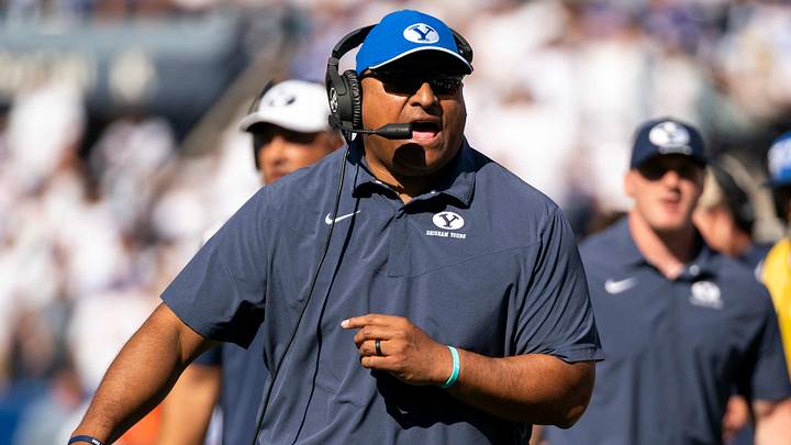 Oct 15, 2022; Provo, Utah, USA; Brigham Young University Cougars head coach Kalani Sitake yells towards the referees during the first half as the Cougars face the Arkansas Razorbacks at LaVell Edwards Stadium. Mandatory Credit: Gabriel Mayberry-USA TODAY Sports Oct 15, 2022; Provo, Utah, USA; Brigham Young University Cougars head coach Kalani Sitake yells towards the referees during the first half as the Cougars face the Arkansas Razorbacks at LaVell Edwards Stadium. Mandatory Credit: Gabriel Mayberry-USA TODAY Sports