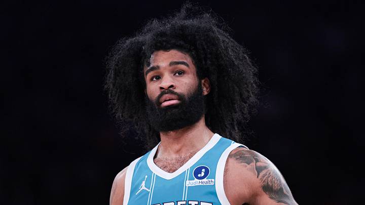 Apr 12, 2026; New York, New York, USA; Charlotte Hornets guard Coby White (3) in action against the New York Knicks during the first half at Madison Square Garden. Mandatory Credit: Vincent Carchietta-Imagn Images