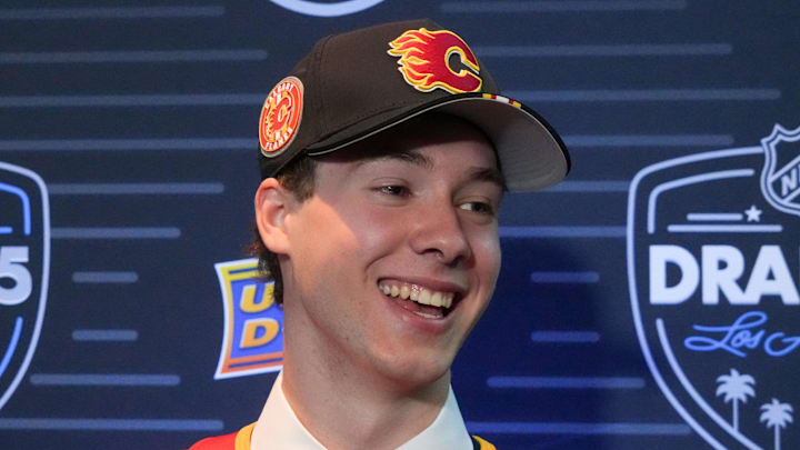 Jun 27, 2025; Los Angeles, California, USA; Cullen Potter is interviewed after being selected as the 32nd overall pick to the Calgary Flames in the first round of the 2025 NHL Draft at Peacock Theater.