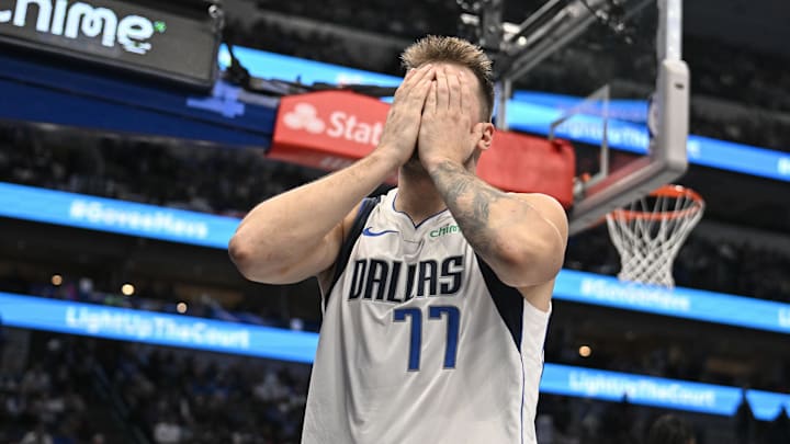 Nov 4, 2024; Dallas, Texas, USA; Dallas Mavericks guard Luka Doncic (77) reacts to a foul call during the second half against the Indiana Pacers at the American Airlines Center. Mandatory Credit: Jerome Miron-Imagn Images