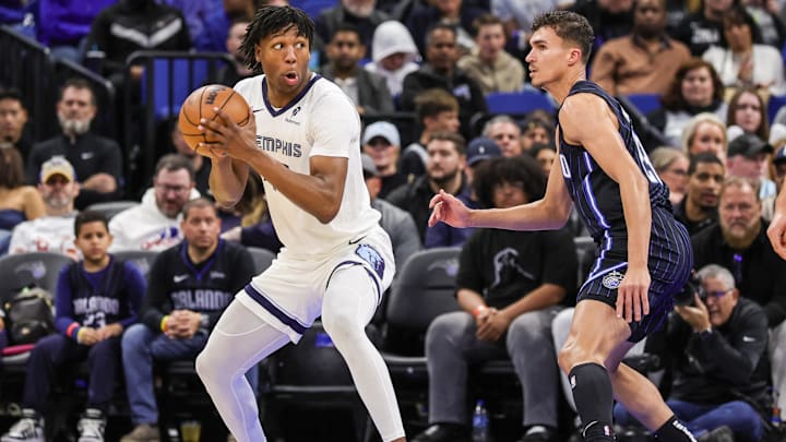 Feb 21, 2025; Orlando, Florida, USA; Memphis Grizzlies forward GG Jackson (45) moves the ball in front of Orlando Magic forward Tristan da Silva (23) during the second quarter at Kia Center. Mandatory Credit: Mike Watters-Imagn Images