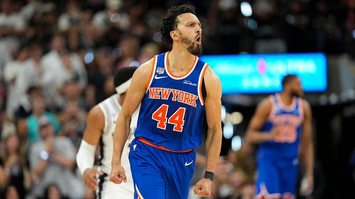 Jun 5, 2026; San Antonio, Texas, USA; New York Knicks guard Landry Shamet (44) celebrates during the fourth quarter during game two of the 2026 NBA Finals at Frost Bank Center. Mandatory Credit: Scott Wachter-Imagn Images