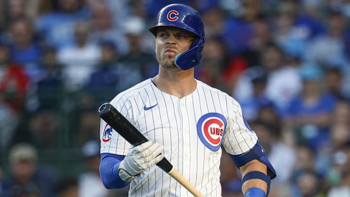 Jul 21, 2025; Chicago, Illinois, USA; Chicago Cubs second baseman Nico Hoerner (2) reacts after striking out against the Kansas City Royals during the first inning at Wrigley Field Jul 21, 2025; Chicago, Illinois, USA; Chicago Cubs second baseman Nico Hoerner (2) reacts after striking out against the Kansas City Royals during the first inning at Wrigley Field