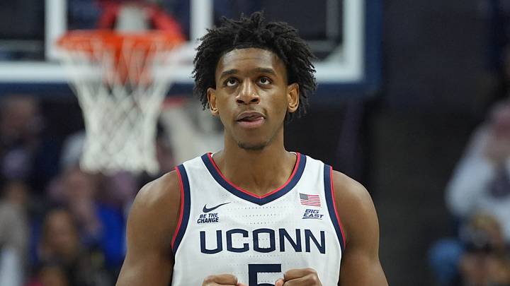 Feb 28, 2026; Storrs, Connecticut, USA; UConn Huskies forward Tarris Reed Jr. (5) reacts after a play against the Seton Hall Pirates in the first half at Harry A. Gampel Pavilion. Mandatory Credit: David Butler II-Imagn Images