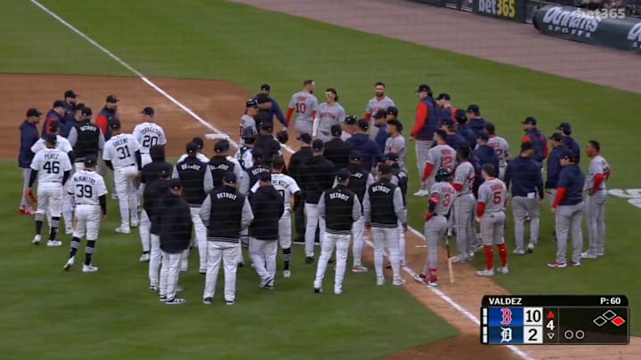 The benches of a Red Sox–Tigers game cleared after Framber Valdez hit Trevor Story with a pitch.