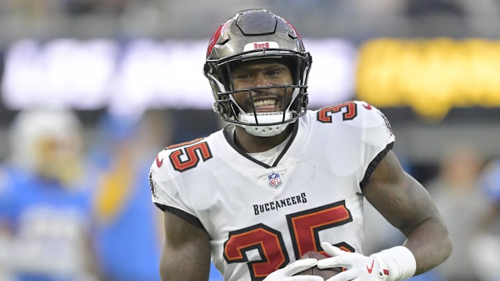 Dec 15, 2024; Inglewood, California, USA; Tampa Bay Buccaneers cornerback Jamel Dean (35) celebrates after a fumble recovery in the second half against the Los Angeles Chargers at SoFi Stadium. Mandatory Credit: Jayne Kamin-Oncea-Imagn Images