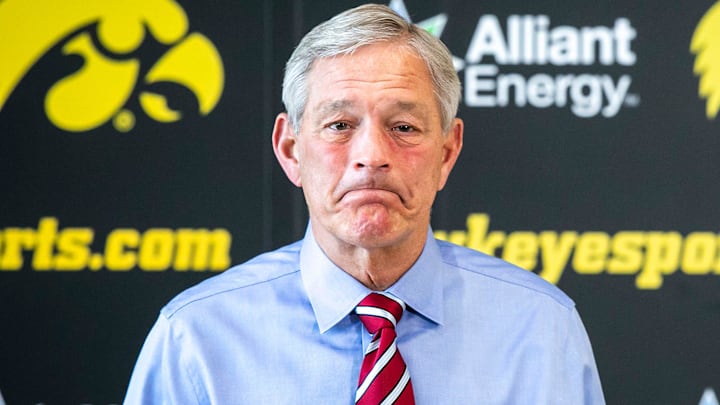 Iowa head coach Kirk Ferentz gets emotional while speaking to reporters during a news conference ahead of the Big Ten Championship football game, Tuesday, Nov. 30, 2021, at the Hansen Football Performance Center in Iowa City, Iowa.