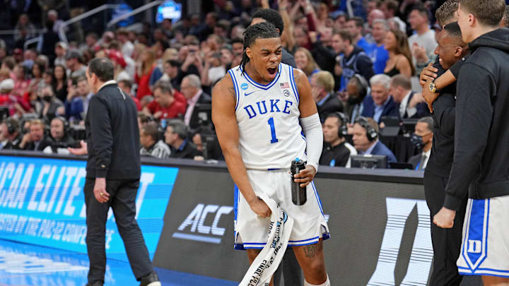 Mar 26, 2022; San Francisco, CA, USA; Duke Blue Devils guard Trevor Keels (1) reacts after a play against the Arkansas Razorbacks during the second half in the finals of the West regional of the men's college basketball NCAA Tournament at Chase Center. The Duke Blue Devils won 78-69. Mandatory Credit: Kelley L Cox-Imagn Images Mar 26, 2022; San Francisco, CA, USA; Duke Blue Devils guard Trevor Keels (1) reacts after a play against the Arkansas Razorbacks during the second half in the finals of the West regional of the men's college basketball NCAA Tournament at Chase Center. The Duke Blue Devils won 78-69. Mandatory Credit: Kelley L Cox-Imagn Images