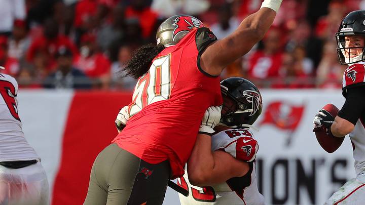 Dec 29, 2019; Tampa, Florida, USA;Atlanta Falcons quarterback Matt Ryan (2) throws the ball as Tampa Bay Buccaneers defensive tackle Vita Vea (50) defends during the second half at Raymond James Stadium. Mandatory Credit: Kim Klement-USA TODAY Sports