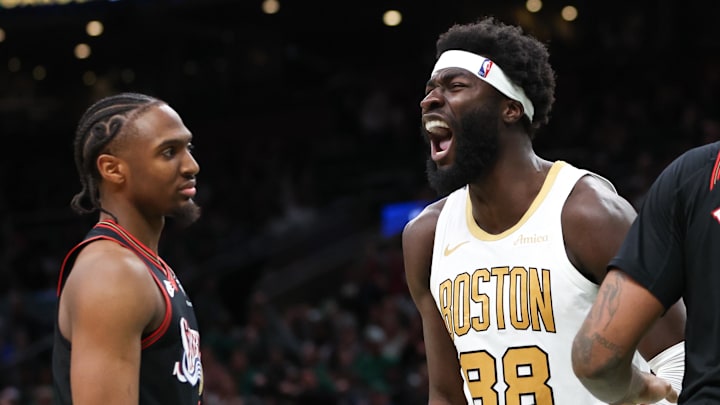 Mar 1, 2026; Boston, Massachusetts, USA; Boston Celtics center Neemias Queta (88) reacts during the second half against the Philadelphia 76ers at TD Garden. Mandatory Credit: Paul Rutherford-Imagn Images