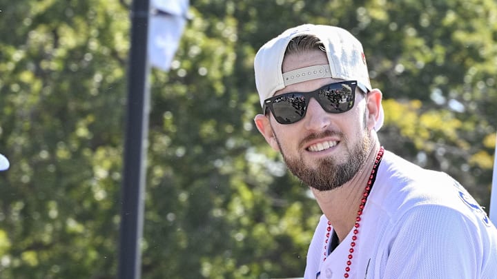 Texas Rangers relief pitcher Chris Stratton (35) during the World Series championship parade at Globe Life Field on Nov. 3, 2023. Texas Rangers relief pitcher Chris Stratton (35) during the World Series championship parade at Globe Life Field on Nov. 3, 2023.