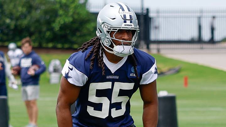 Dallas Cowboys LB Jaishawn Barham goes through a drill during practice at the Ford Center at the Star Training Facility. Dallas Cowboys LB Jaishawn Barham goes through a drill during practice at the Ford Center at the Star Training Facility.