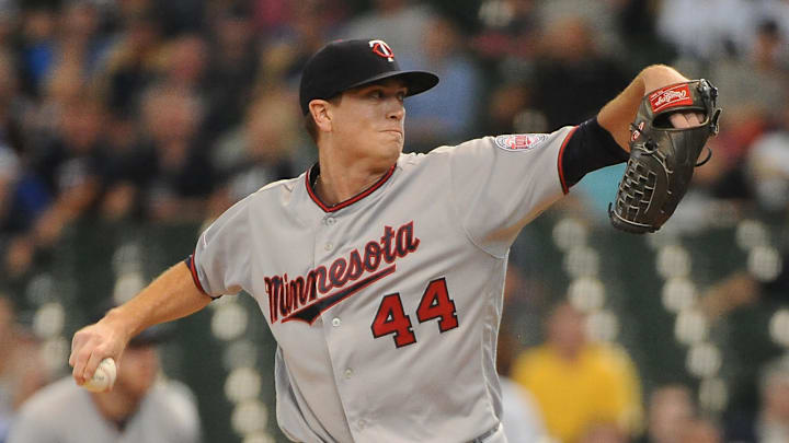 Former Minnesota Twins starting pitcher Kyle Gibson throws a pitch during a game in 2019. Former Minnesota Twins starting pitcher Kyle Gibson throws a pitch during a game in 2019.