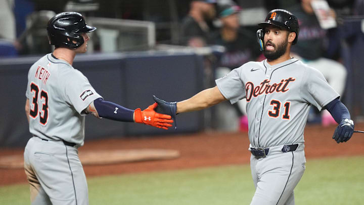 Detroit Tigers left fielder Riley Greene (31) is congratulated by third baseman Colt Keith (33) after scoring a run in the 11th inning against the Miami Marlins to give the Tigers the lead 4-3 at loanDepot Park. 