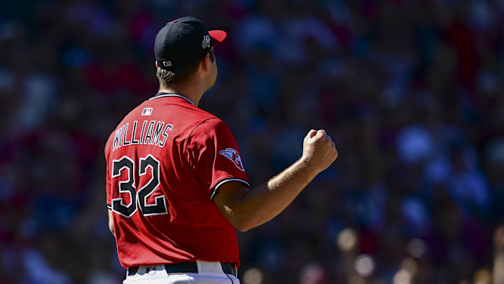 Sep 30, 2025; Cleveland, Ohio, USA; Cleveland Guardians pitcher Gavin Williams (32) reacts after a strikeout on a check swing Detroit Tigers first base Spencer Torkelson (not pictured) in the sixth inning during game one of the Wildcard round for the 2025 MLB playoffs at Progressive Field. Mandatory Credit: David Dermer-Imagn Images